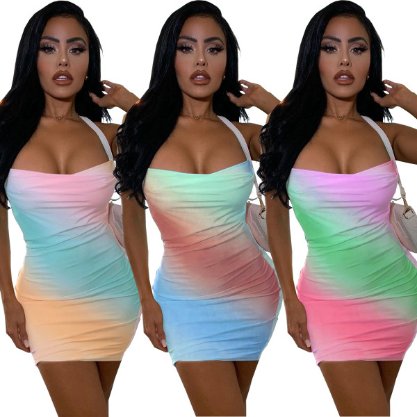 Fashion sexy sling positioning printing bag hip short skirt dress WY6798