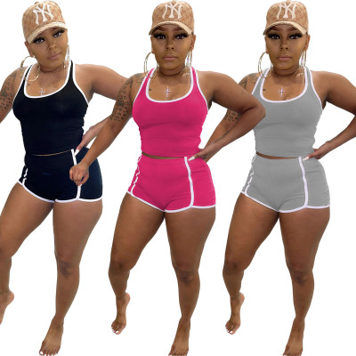 Fashion sexy solid color stitching sports sleeveless vest shorts suit WY6781