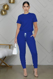 Fashion casual solid color round neck pullover short sleeve slim suit two-piece WY6762