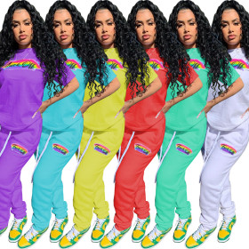 Fashion Fruit Color Printing Suit Short Sleeve Turtleneck Round Neck Pants Set Two Piece Set WY6810