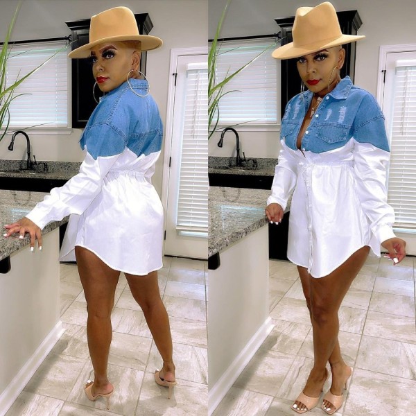 Fashion sexy denim stitching color single-breasted dress WY6836