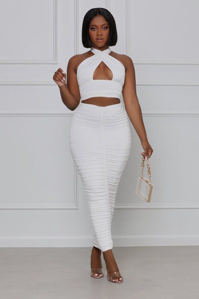 Fashion sexy solid color blouse, hollow wrapped chest, pleated skirt, skirt suit WY6819