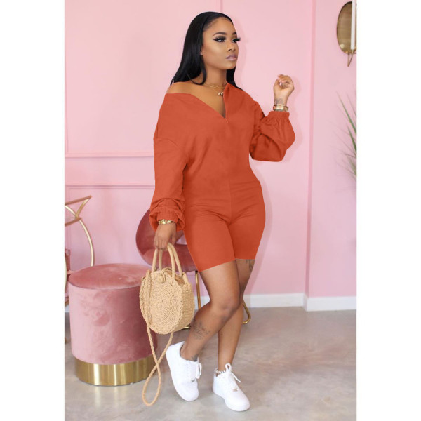 Women's solid color oblique shoulder zipper fashion casual jumpsuit HT6057