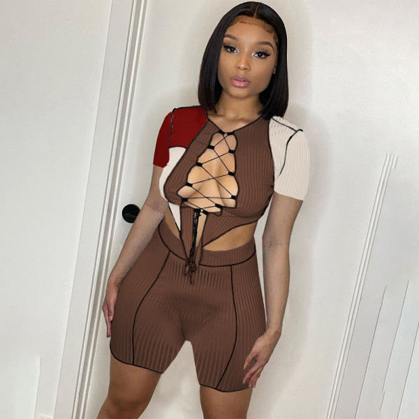 Women's chest cutout. Lace back to the car ribbed color-blocking stitching sports and leisure suit HT6066