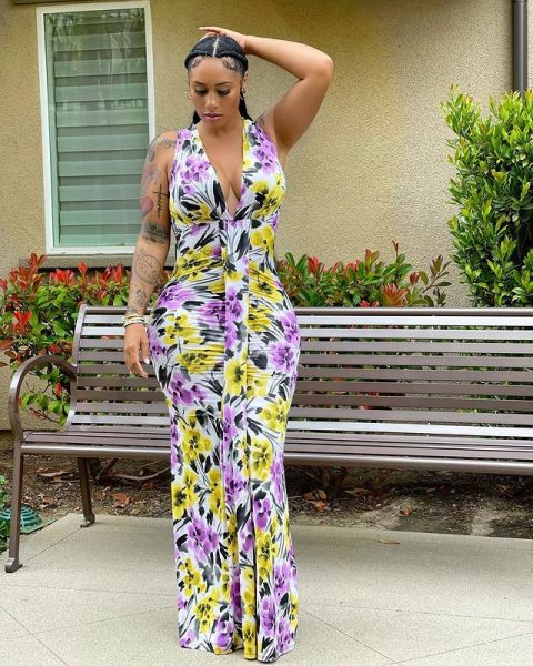 Fashion sexy sleeveless big V-neck print front chest stitching long skirt dress WY6822