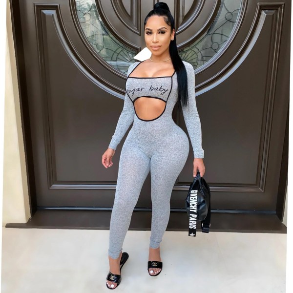 Sexy hollow bodysuit letter printing sexy nightclub body shaping jumpsuit J6225