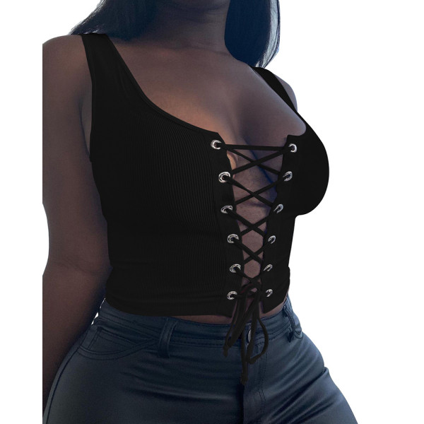 Fashion casual sexy eyelet tie vest top W8376