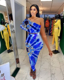 Women's hit color slanted shoulder two-piece casual skirt suit J6214