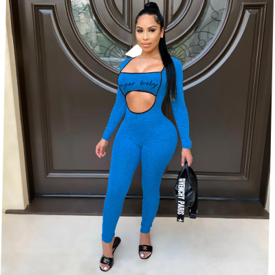 Sexy hollow bodysuit letter printing sexy nightclub body shaping jumpsuit J6225