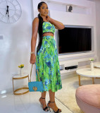 Fashion casual summer print pleated suspender skirt two-piece suit W8370