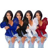 Fashion Leisure Mesh Puff Sleeve Pure Color Summer Tunic Long Sleeve Shirt W8381