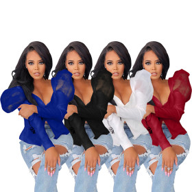 Fashion Leisure Mesh Puff Sleeve Pure Color Summer Tunic Long Sleeve Shirt W8381