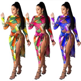 Tie-dye print sexy long-sleeved dress J6230