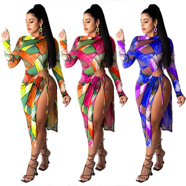 Tie-dye print sexy long-sleeved dress J6230