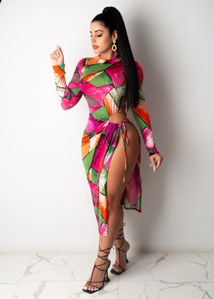 Tie-dye print sexy long-sleeved dress J6230