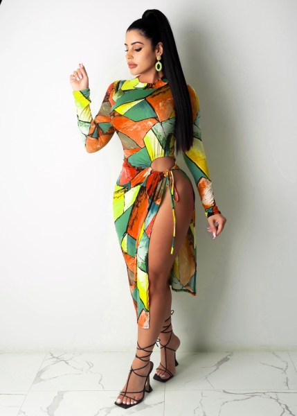 Tie-dye print sexy long-sleeved dress J6230