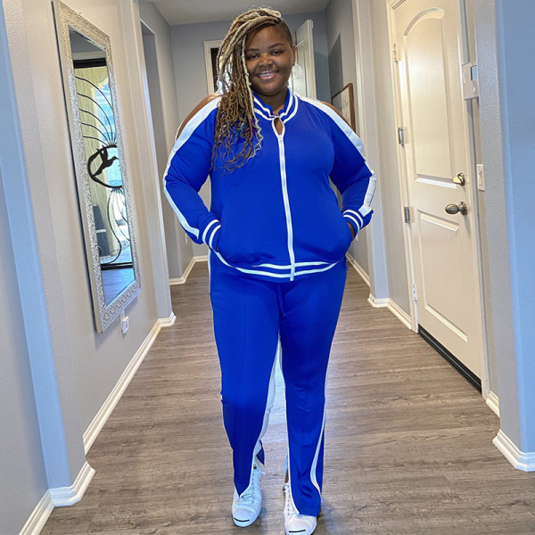 Contrasting color fashion casual sports two-piece suit plus size women's suit OSS20999