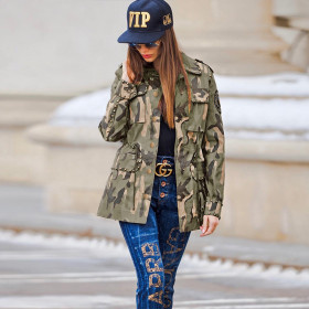 Rivet patch multi-pocket drawstring cool camouflage tooling casual baseball uniform jacket plus size women's jacket OSS19460