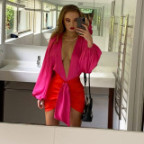 Summer new style contrast color V-neck lantern sleeves pleated hip skirt suit women X21ST190