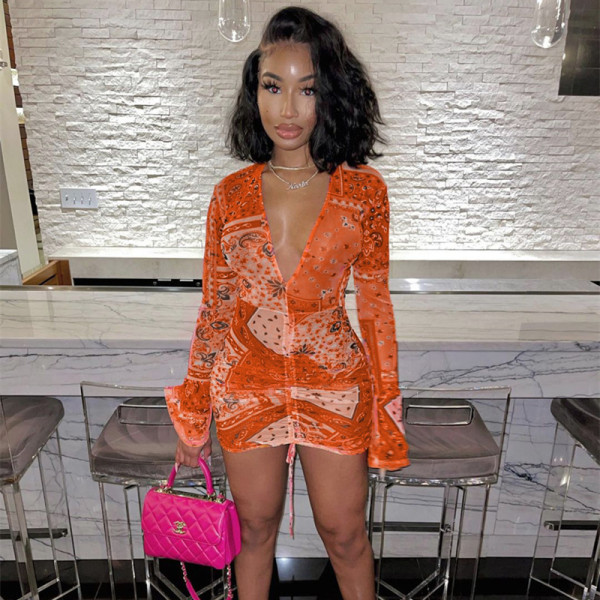 Deep V-neck print flared long sleeve pleated short dress K21DS150