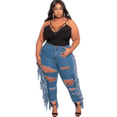 Ripped tassel slim street trend plus size women's jeans OSS21090