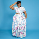 Two-piece umbilical multicolor printing suit plus size two-piece women's suit OSS21129