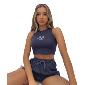 New Solid Color Embroidered Sleeveless Vest Crop Shorts Set R21ST136