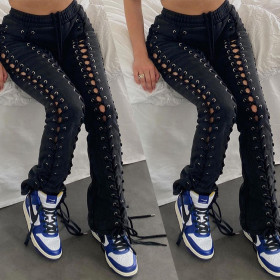 Fashion women's clothing wholesale trendy eyelet drawstring hollow trousers BN7207