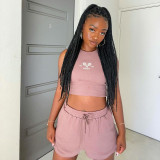New Solid Color Embroidered Sleeveless Vest Crop Shorts Set R21ST136
