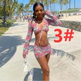 New style printed long-sleeved irregular drawstring miniskirt suit Q21ST131