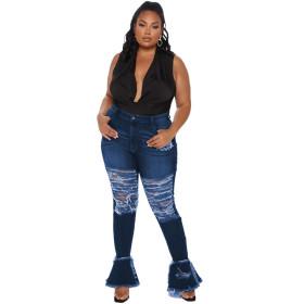 Ripped wash water horn street trend skinny plus size women's jeans OSS21072