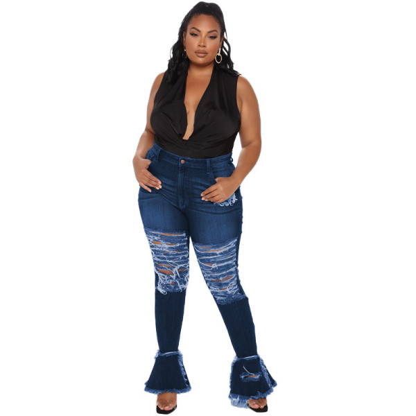 Ripped wash water horn street trend skinny plus size women's jeans OSS21072