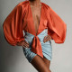 Summer new style contrast color V-neck lantern sleeves pleated hip skirt suit women X21ST190