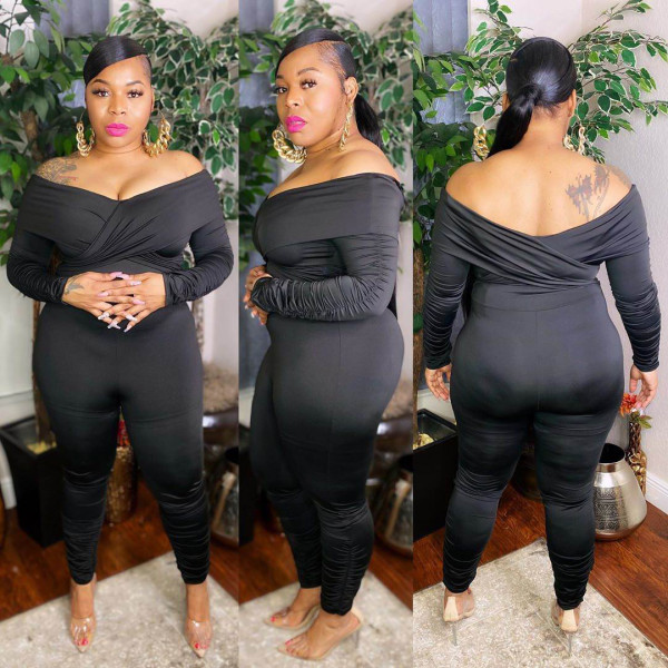 Women's plus size women's nightclub clothes pleated pleated one-shoulder sexy jumpsuit AP7002