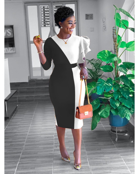 Women's Fashion Wholesale Autumn Fashion Splicing Dresses Featured Lace Sleeve Dresses BN7027