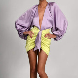 Summer new style contrast color V-neck lantern sleeves pleated hip skirt suit women X21ST190
