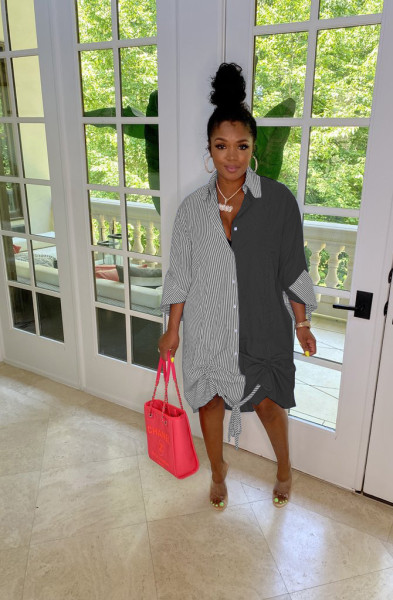 Fashion casual loose waist mid-skirt cardigan striped hem stretchable dress WY6839