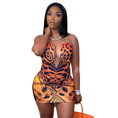 New style printed stitching net yarn V-neck sexy bag hip dress women W21DS409 