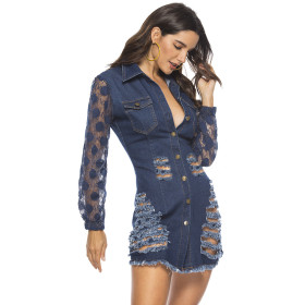 New lace stitching hole tight-fitting denim sexy dress new women's clothing OSS19168