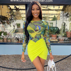 New printed round neck long-sleeved pleated cross-wrapped hip skirt suit A21ST406