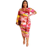 Printed tight-fitting bag hip zipper front and back wear plus size dress new OSS19311