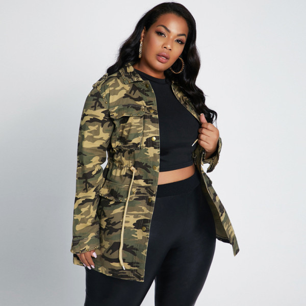 Rivet patch multi-pocket drawstring cool camouflage tooling casual baseball uniform jacket plus size women's jacket OSS19460