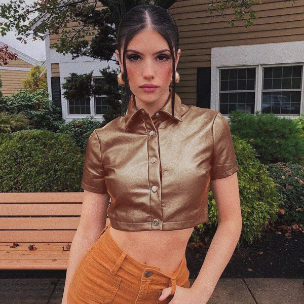 Women's new solid color lapel button short-sleeved navel exposed T-shirt top A21TP141