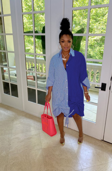 Fashion casual loose waist mid-skirt cardigan striped hem stretchable dress WY6839
