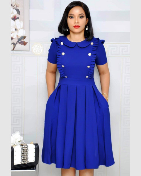 Fashion lotus leaf collar pleated OL style short-sleeved dress pleated skirt WY6540