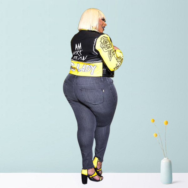 Street handsome motorcycle jacket with rivets, corns, flowers and letters printing, plus size women's leather jacket OSS20797