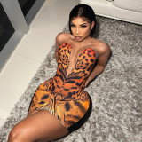 New style printed stitching net yarn V-neck sexy bag hip dress women W21DS409 