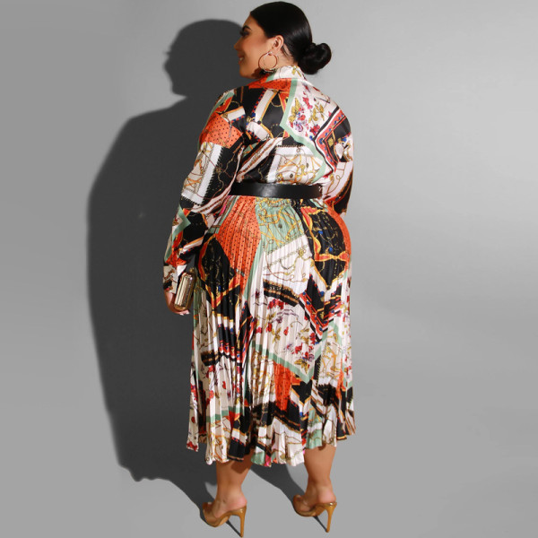 Long skirt autumn and winter print pleated satin deep V sexy dress with belt plus size women's clothing OSS19422