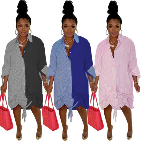 Fashion casual loose waist mid-skirt cardigan striped hem stretchable dress WY6839