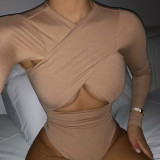 New solid color cross-cut long-sleeved slim-fit women's bodysuit with waistless M21BS277